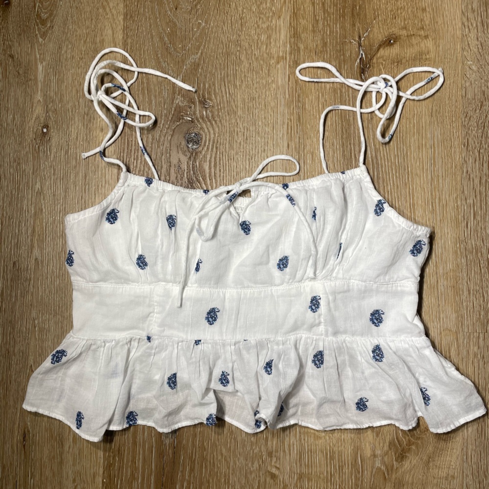 American Eagle Outfitters White Smocked Top with Navy Floral Accents